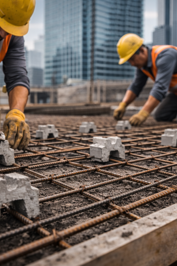 Pekerja konstruksi pasang spacer beton